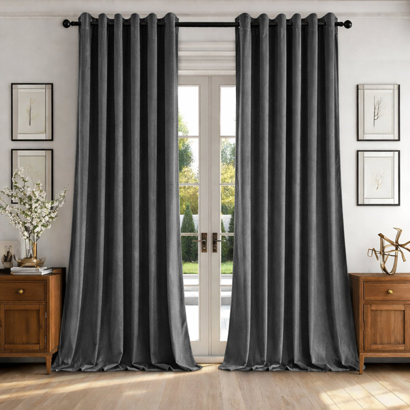 Alsey 100% Velvet Blackout Eyelet Ready Made Curtains & Drapes with matching Tie Backs, (168 Width X 183 Height) cm, Grey