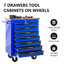 7 tiroirs, chariot à outils en métal, roues, toit en acier inoxydable, entrepôt d'atelier, 4 po, frein de stationnement, capacité de chargement de 15 kg - glissières de tiroir à roulement, dispositif de verrouillage multifonctionnel, garage roulant-1722682097