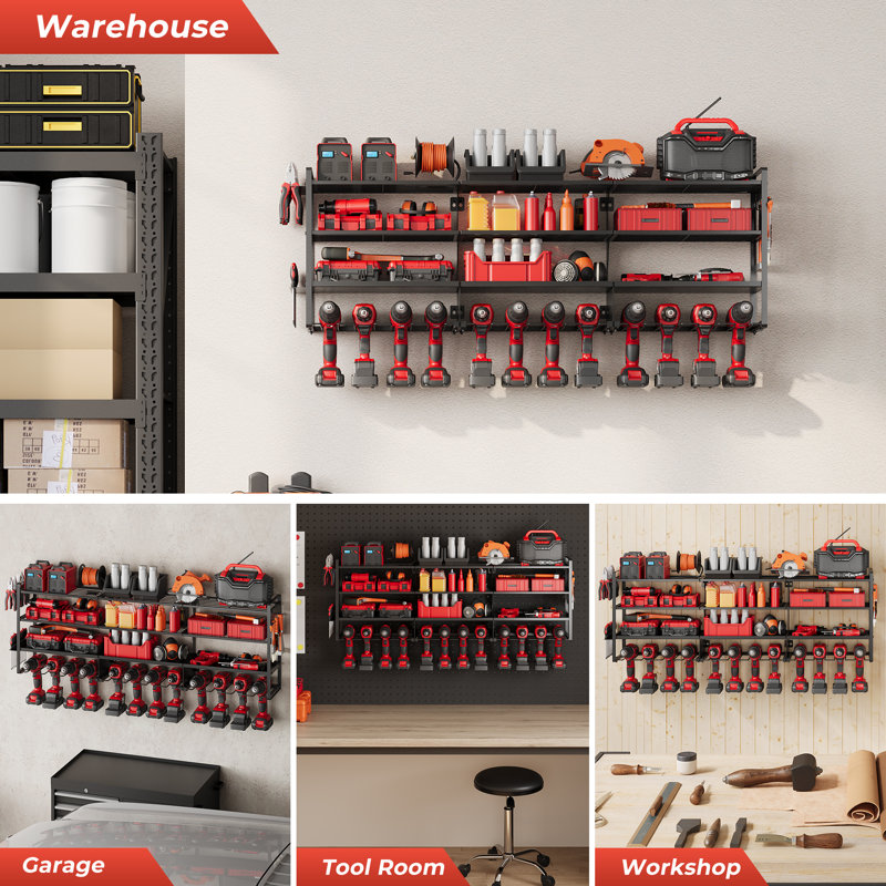 Grand support mural pour outils électriques, support de perceuse robuste à 4 niveaux, organisateur de garage et rangement, support à outils approprié pour atelier