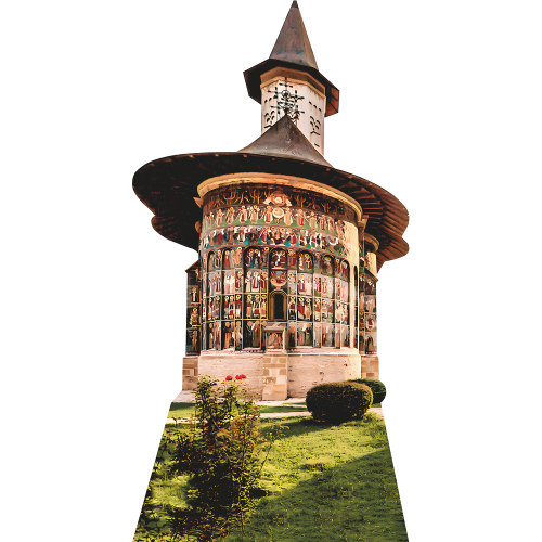 H13656 Mucevita, monastère, cour, église, structure gothique, rouille, découpage en carton, debout, debout