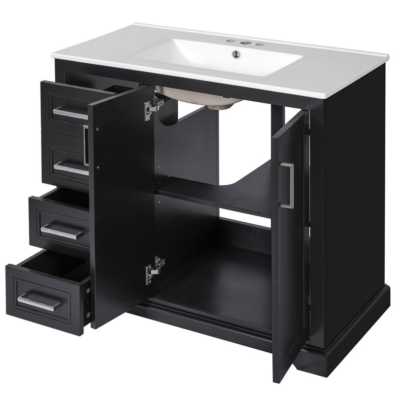 Bathroom Vanity With, Adjustable Shelf, Storage Drawers And Soft-Close Door, Modern Bathroom Vanity With Storage, Black