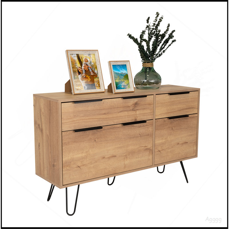 Commodes 4 tiroirs en chêne clair avec pieds en métal, ensemble de 2