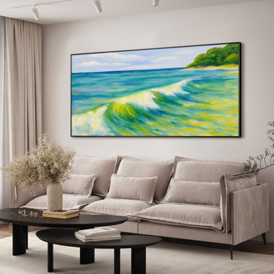 Très grande plage, art mural - impression de paysage de mer coloré pour salon côtier moderne, très grande impression murale encadrée (assemblage requis)