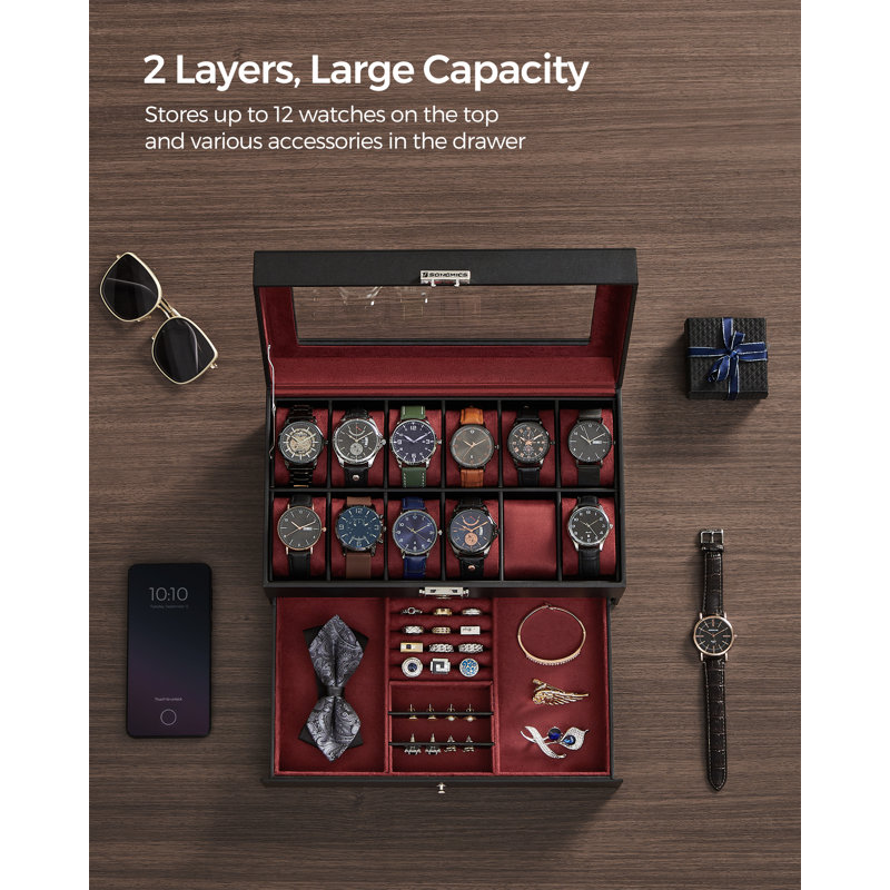 Sury Steel Watch Box +, Black/Wine Red