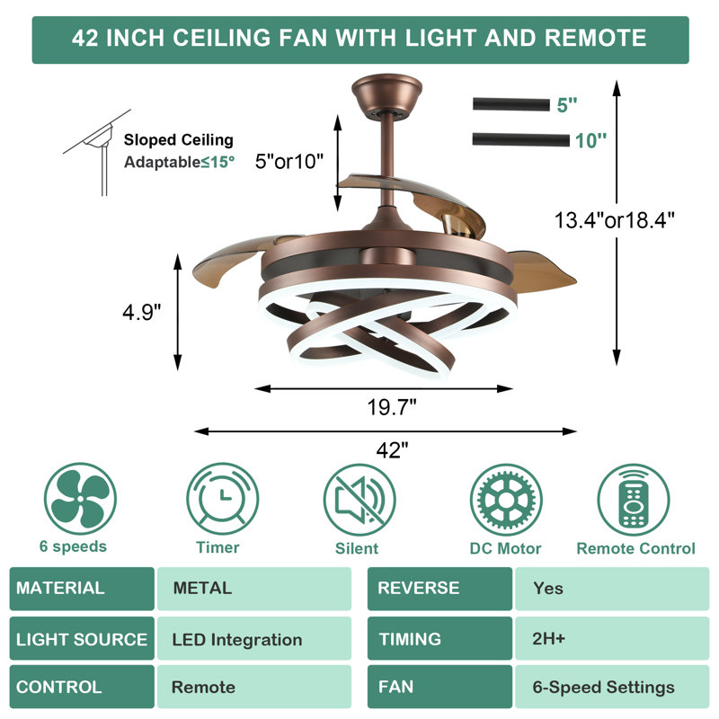 42" Modern Retractable Ceiling Fan With Dimmable LED Light, DIY Shape 6 Speeds Chandelier Ceiling Fan With Remote Control For Bedroom