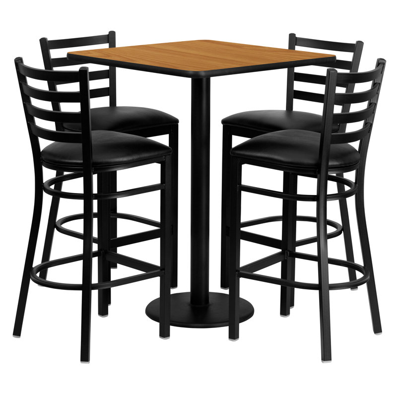 Akriti 30'' Square Laminate Table Set with 4 Ladder Back Metal Barstools, Natural