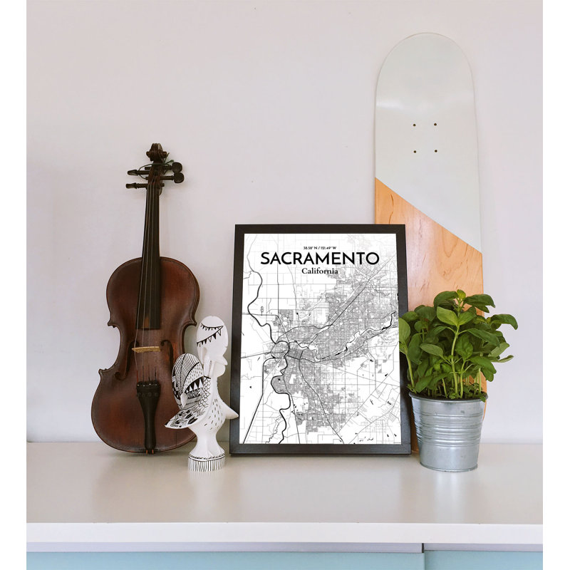 «Sacramento City Map», reproduction d'impression à l'encre / blanc, H 17 po x l 11 po
