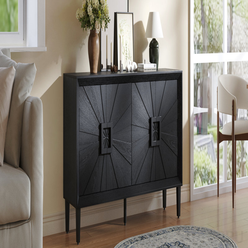 Meuble télé 60 po, style campagnard rustique, style Sunburst symétrique pour le salon - noir