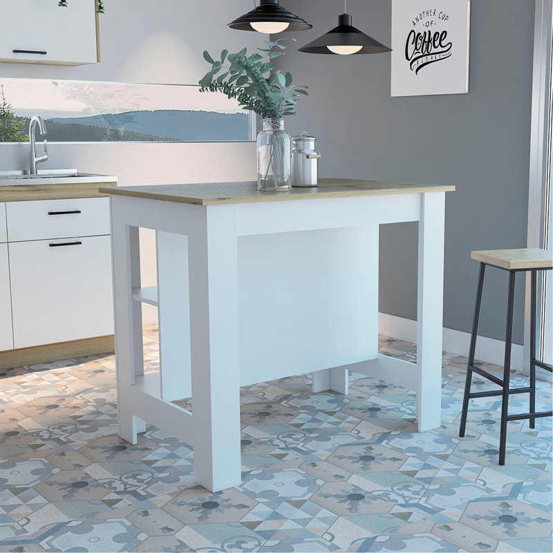 Îlot de cuisine, quatre pieds, trois tablettes - blanc / chêne clair
