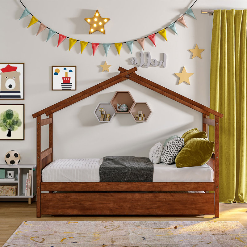 Wooden House Bed With Trundle, Walnut, Full