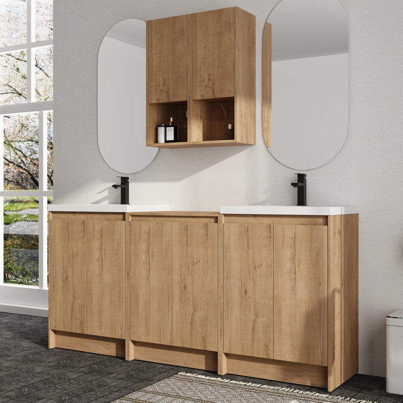 Meuble-lavabo double autoportant 72 po avec plateau de meuble-lavabo en résine et rangement mural 12 po Vowar, 72" W