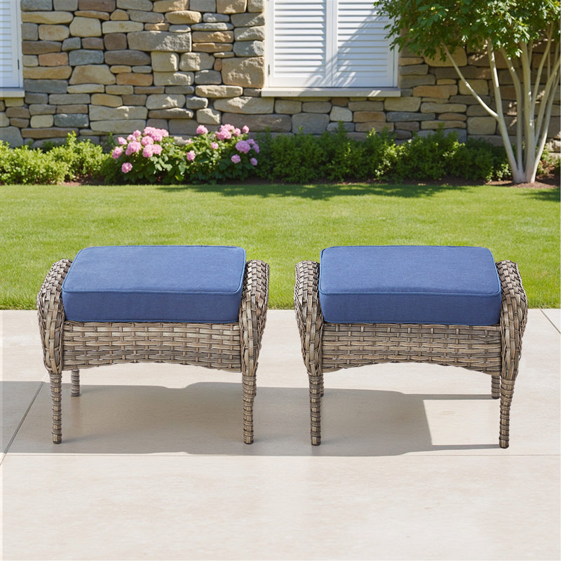 Ensemble de 2 repose-pieds d'extérieur en rotin gris avec coussin bleu pour cour ou terrasse