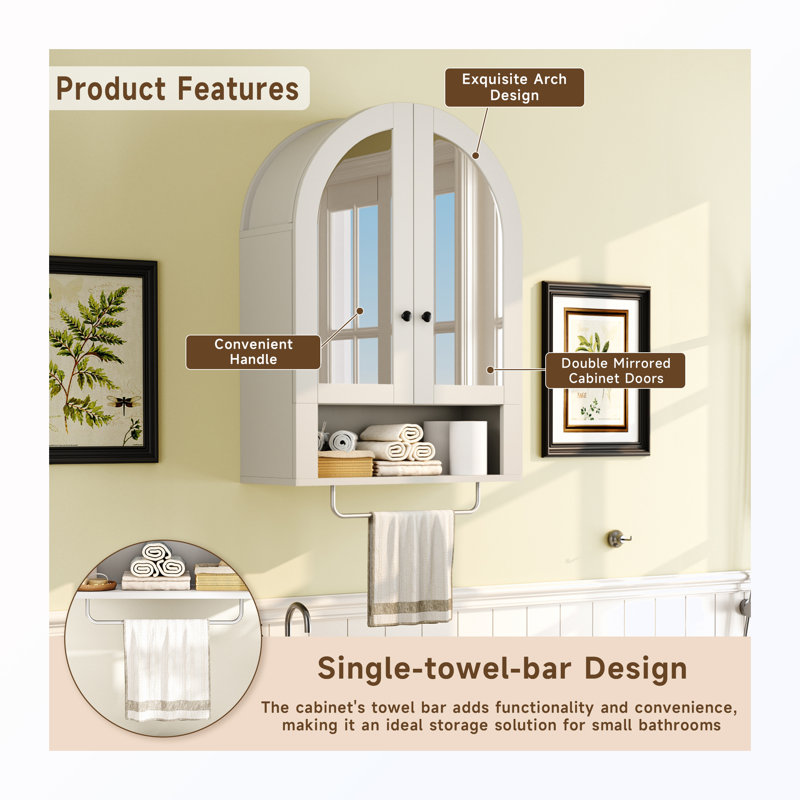 Armoire murale arquée avec portes en miroir et tablettes réglables, White
