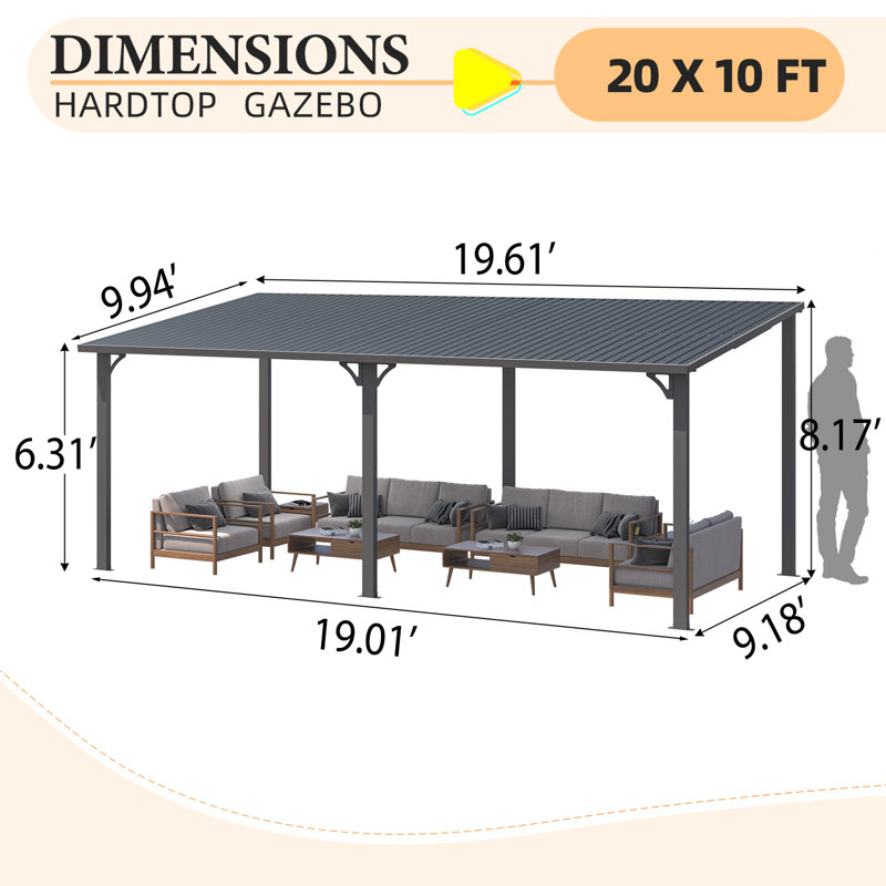 Hardtop Gazebo With Galvanized Steel Sloping Roof, 98.4" H x 235" W x 110" D