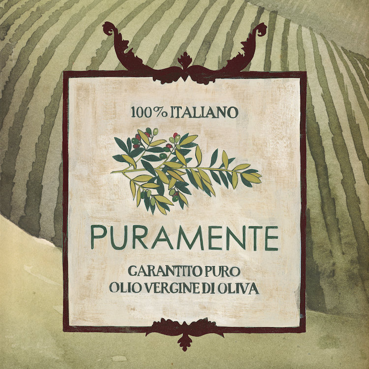 « olive oil labels iii », publicité sur toile, H 18 po x l 18 po x P 1,5 po, Toile tendue, Pas de tapis