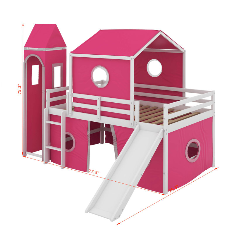 Lit mezzanine simple avec glissade et tour, Rose
