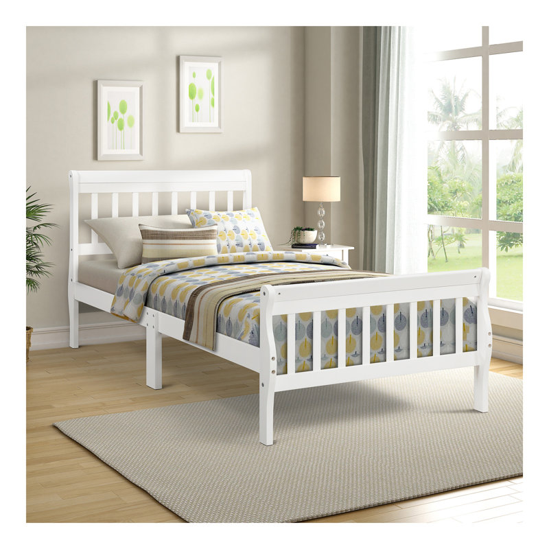 Wood Platform Bed Twin Bed Frame Panel Bed Mattress Foundation Sleigh Bed With Headboard/Footboard/Wood Slat Support, White