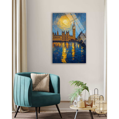 Art mural en verre trempé de nuit étoilée de Londres - peinture impressionniste de Big Ben, décor de Westminster de style Van Gogh, impression de paysage urbain de la rivière Thames, grande œuvre de bureau à domicile verticale, cadeau bleu doré vibrant