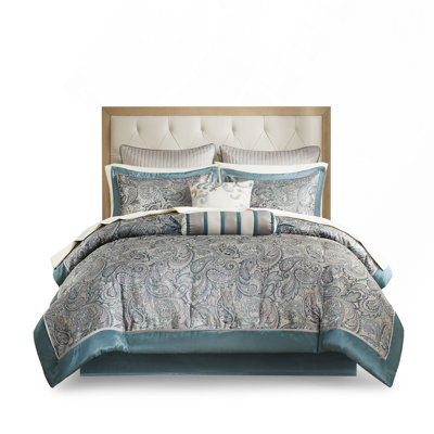 King 12 Piece Comforter Set Comforter Set With Cotton Bed Sheets, Teal And Grey Paisley Design