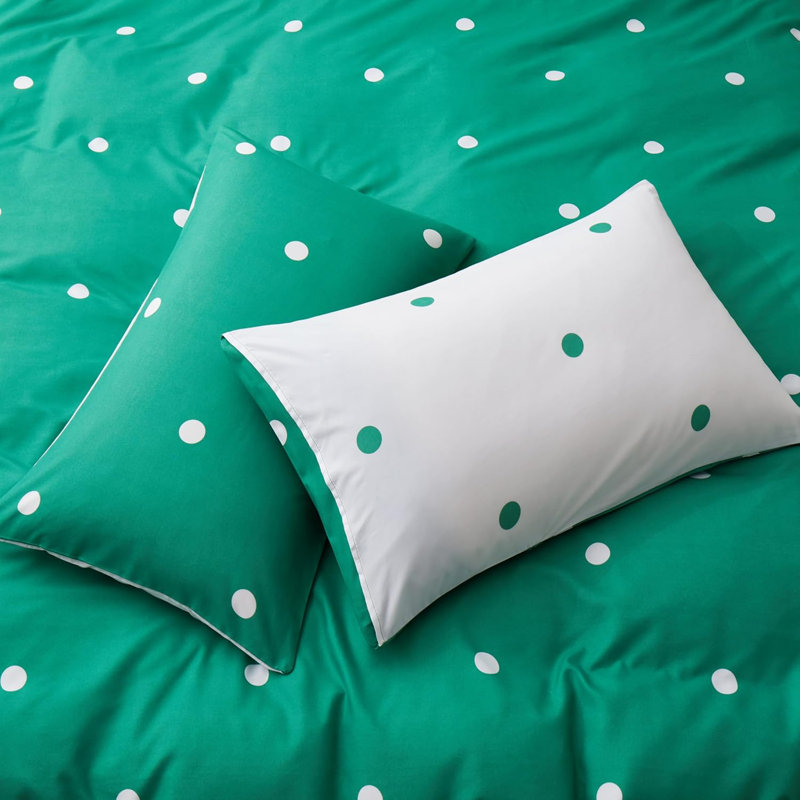 Braylene Microfiber Duvet Cover Set with Pillowcases, Green/White Polka Dots 1