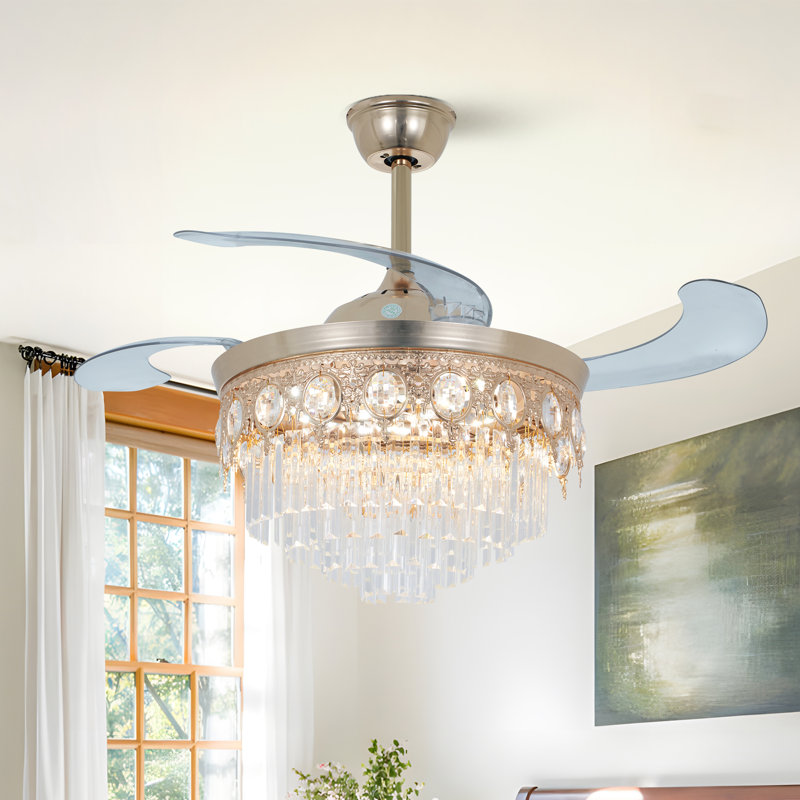 42" Retractable Crystal LED Ceiling Fan with Light & Remote, 6-Speed Reversible Fandelier for Living Room, Dining Room