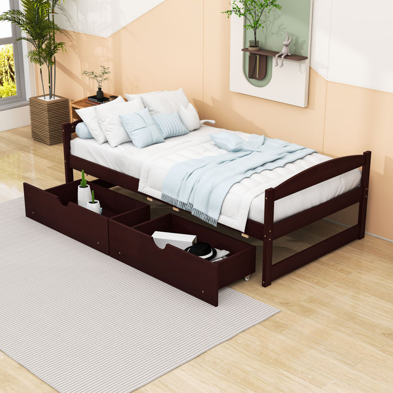 Lit plateforme simple en bois avec 2 tiroirs, Espresso