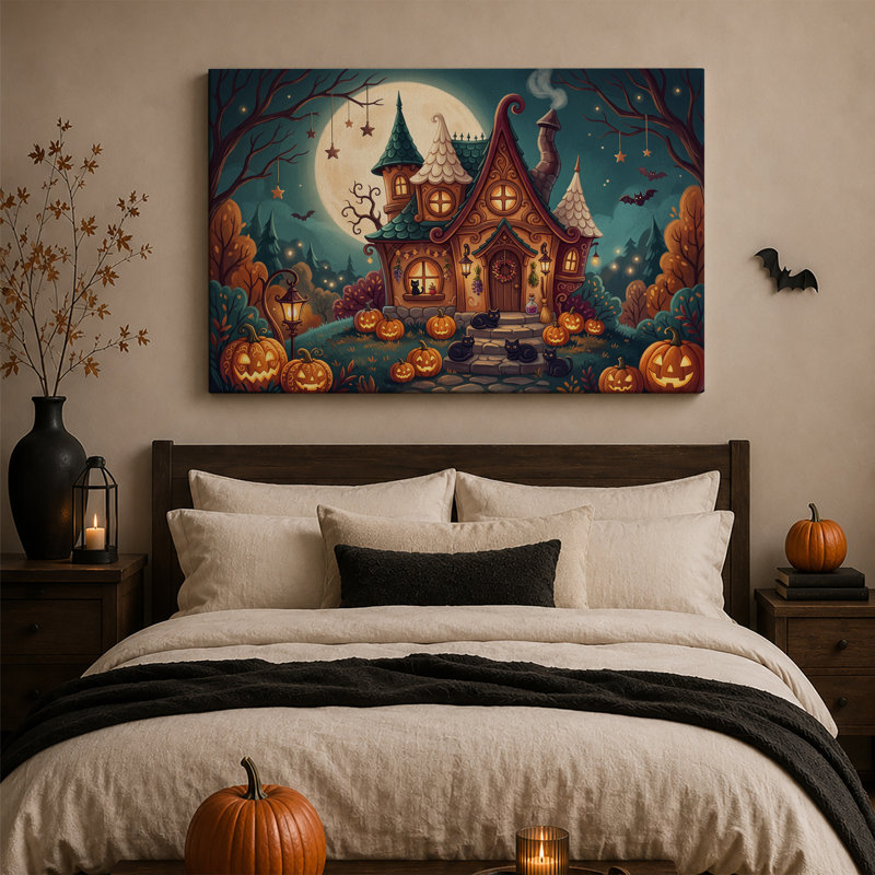 Art mural sur toile, "Witch House" avec citrouilles et chats sous Halloween, H 16 po x l 24 po
