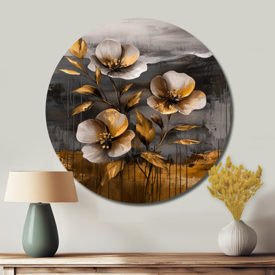 «Golden Pansies Copper Serenade I», reproduction d'art en métal doré traditionnel, pensées murales rondes en métal
