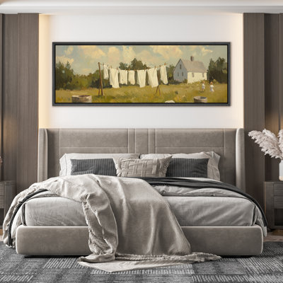 Rustic Countryside Laundry Line Farmhouse Scene Wall Decor - Large Framed Canvas Master Bedroom Wall Art Print