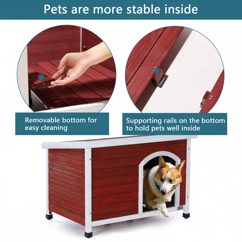 Niche pour chien d'extérieur moyenne en bois, toit imperméable, plancher surélevé, pieds en plastique réglables, rouge, Rouge