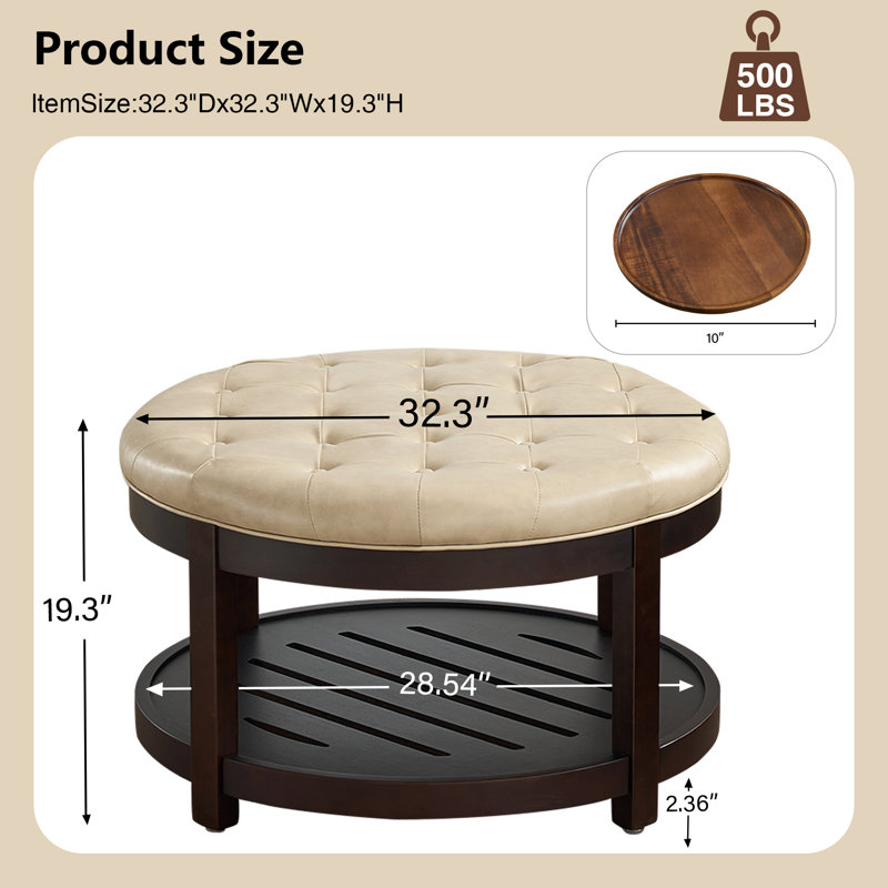 Farmhouse Upholstered Storage Tufted Ottoman with Free Tray, Beige Faux Leather