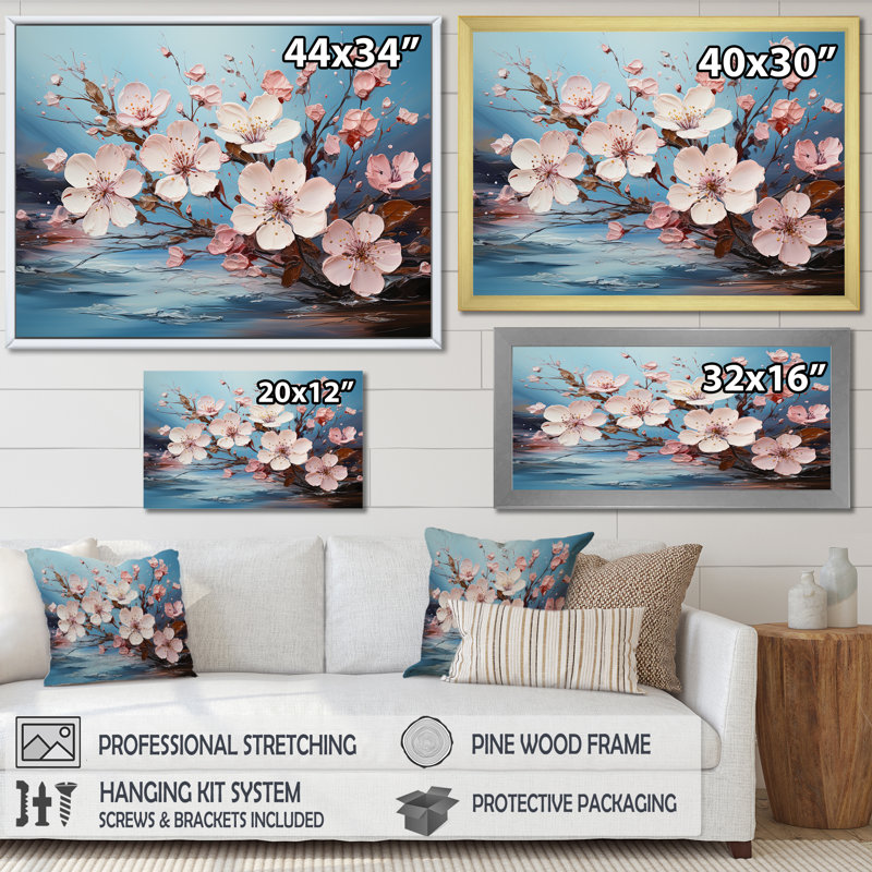 Fleur de pommier sur toile, H 30 po x l 40 po x P 1,5 po, Cadre simple noir
