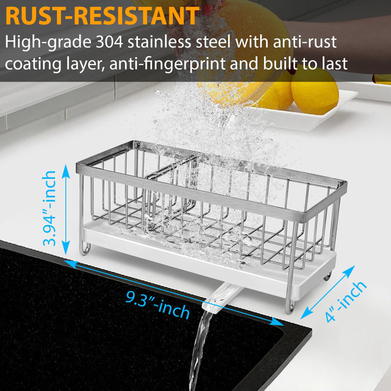 Rustproof Stainless Steel Sink Caddy With Adjustable Divider, Self-Draining Design, Organized Storage For Sponges, Brushes, And Dish Soap