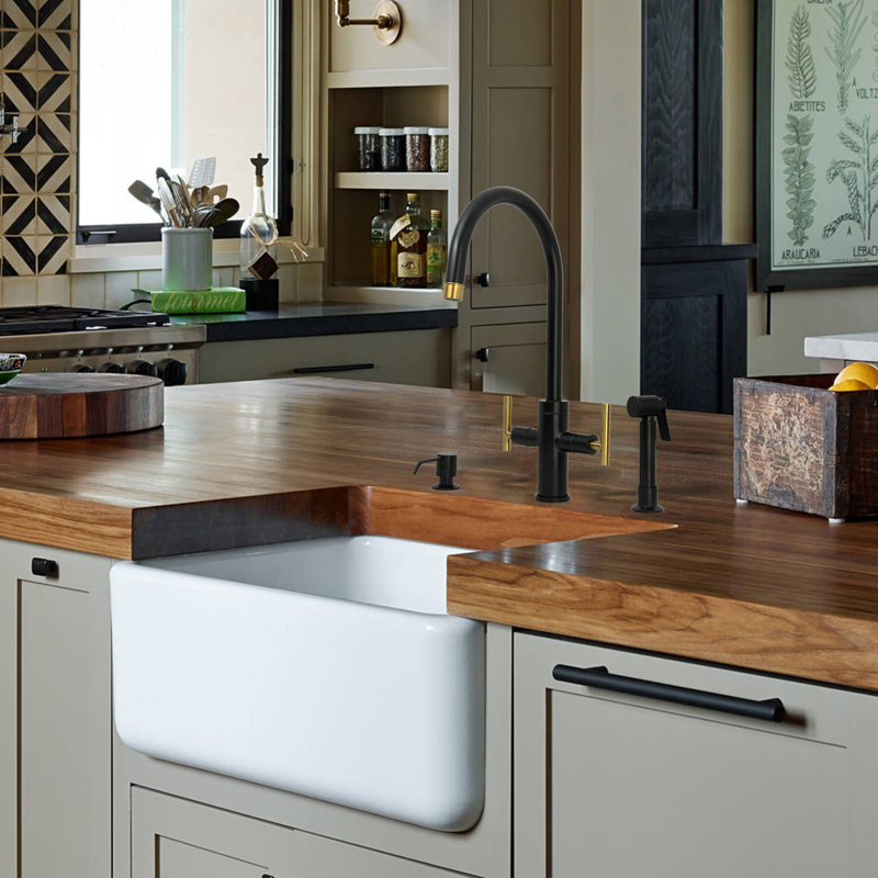 Double Handle Kitchen Faucet With Side Spray, Matte Black and Brushed Gold