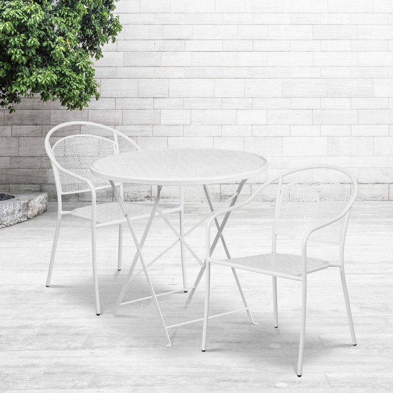 Delapena 30'' Round Indoor-Outdoor Steel Folding Patio Table Set with 2 Round Back Chairs, White