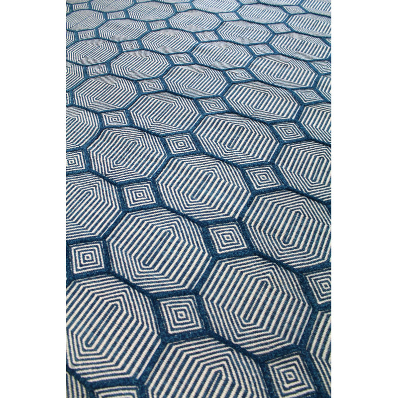 Preston Wool Geometric Area Rug in Ivory/Blue, Runner 4' x 20'