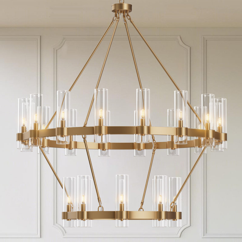 24-lights Chandelier,wagon Wheel Chandelier With Glass Shade, Nickel