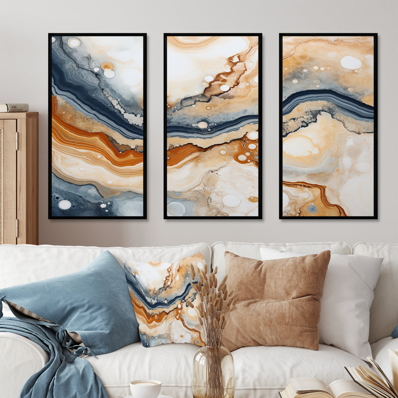 «Blue and Orange Minimalisme Stone Geode», ensemble d'art sur toile Geode Stone, Cadre flottant noir