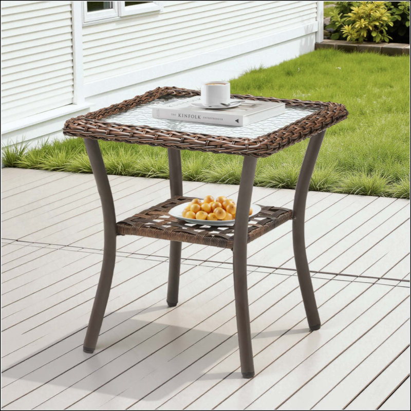 Outdoor Wicker Side Table, All Weather Rattan Small Patio Table Square End Table For Pool Balcony Deck Porch