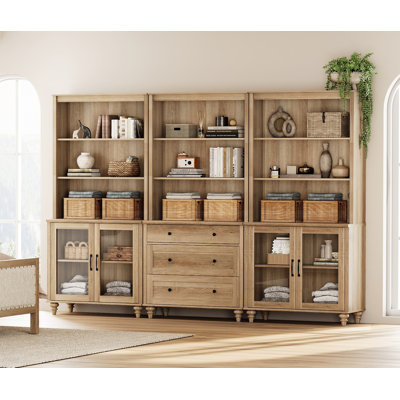 Scarlett Bookcase With Drawers And Glass Cabinets, Tall Book Case With Open Book Shelfs, Large Wood Bookcases Farmhouse Bookshelves For Living Room Be by Charlton Home