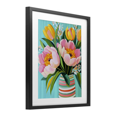 Flowers in Spring Stripes Framed Print Under Glass, design by Petal Prints Design