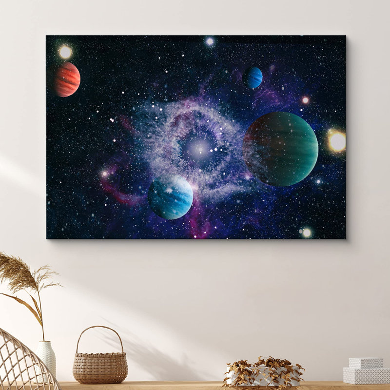 "Planètes rouges, vertes et bleues dans la galaxie" sur toile, H 24 po x l 36 po