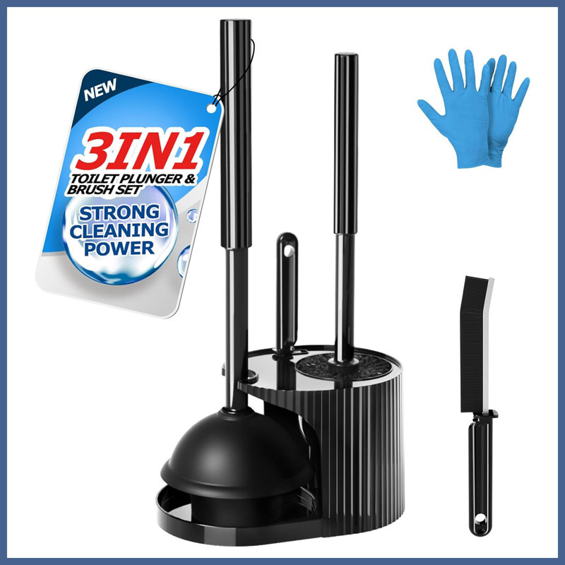 Ensemble brosse et ventouse WC 3 en 1, noir, rangement compact au sol, avec brosse pour les interstices.