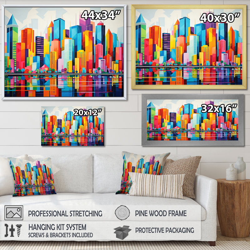 «Pop Miami Cityscape II», reproduction sur toile, Cadre doré à une seule photo, H 30 po x l 40 po x P 1,5 po