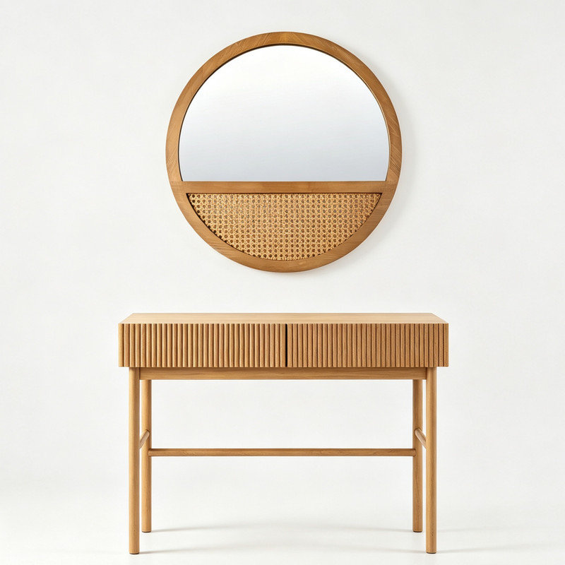 Ensemble de 2 consoles en bois massif cannelé et miroir mural Brandy
