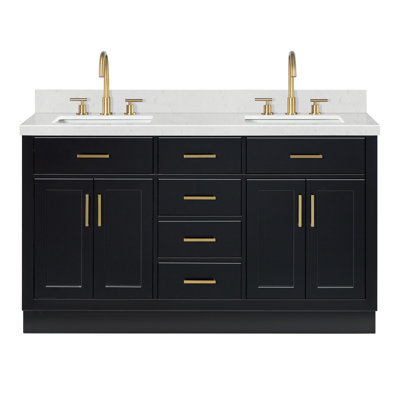 Meuble-lavabo double en bois massif Thornaby avec plateau en quartz Carrara de 1,5 po