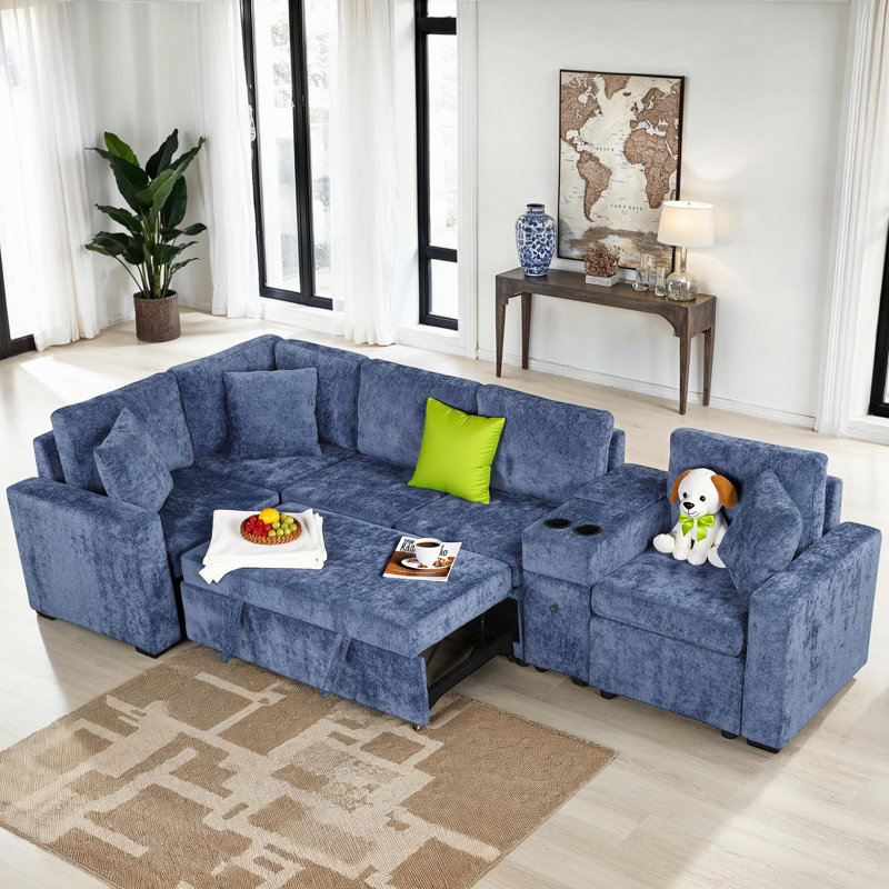 Canapé modulaire convertible en L convertible de 120,5 po, canapé-lit réversible avec lit escamotable, porte-gobelets et rangement