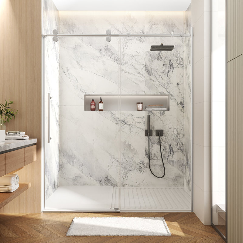 50-54 In. W X 74 In. H Single Sliding Frameless Anti-Collision System Shower Door With 1/4 In. Clear Glass, Chrome