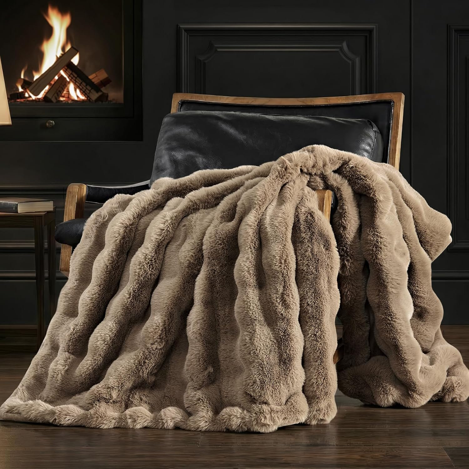 Ridgeline Faux Fur Throw Blanket, 80" L x 60" W, Greige