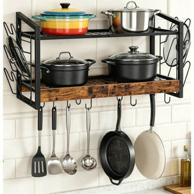 2 Tier Wall Mounted Pot Rack with 12 Hooks, Rustic Brown Kitchen Pot and Lid Organizer